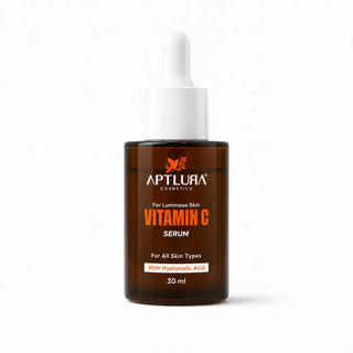 A 30 ml bottle of Aptlura Cosmetics Vitamin C Serum, featuring an amber brown glass bottle and a white dropper cap, set against a plain white background.