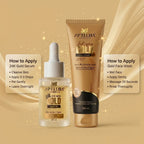 Aptlura Cosmetics 24K Gold Serum and Face Wash on a beige background with application instructions.