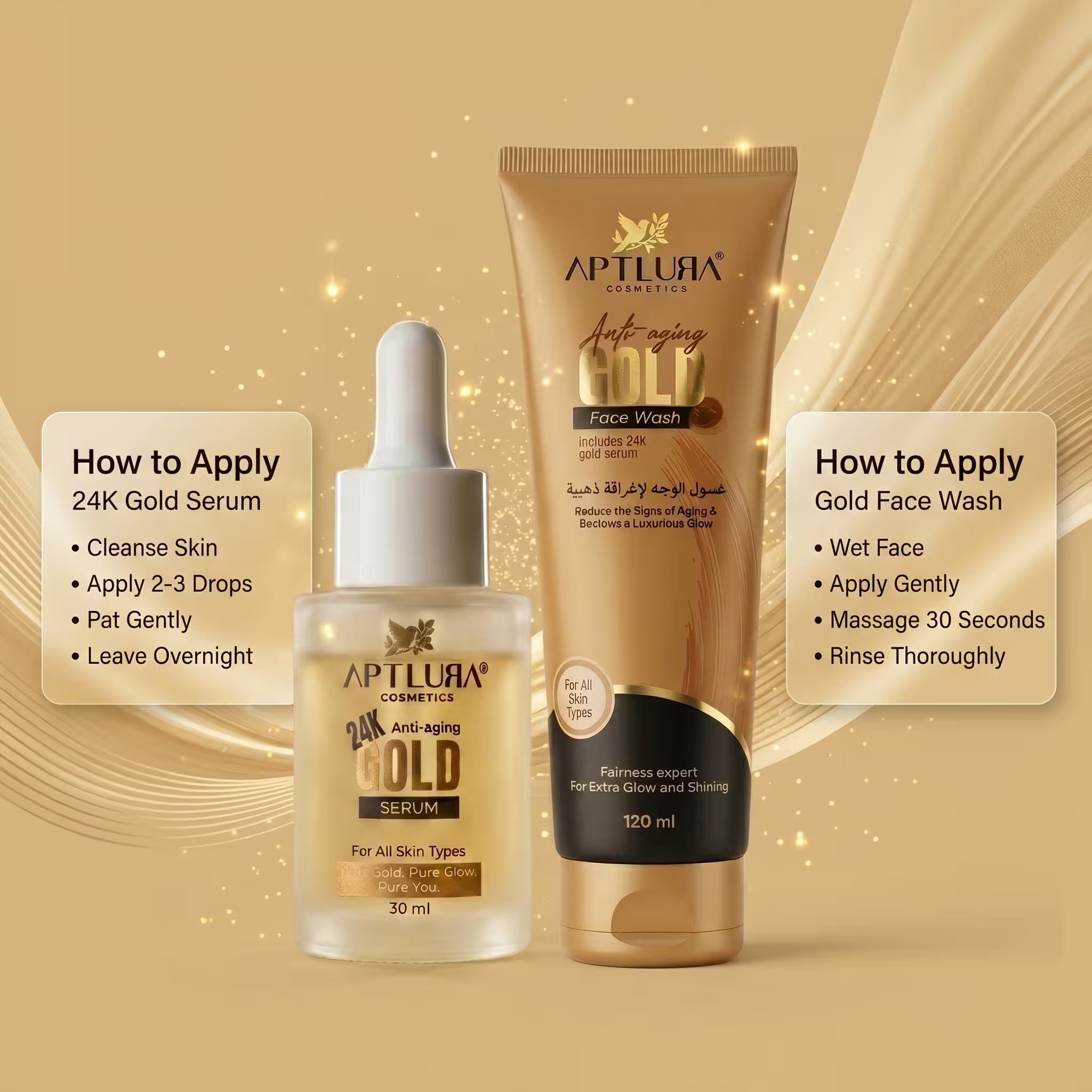 Aptlura Cosmetics 24K Gold Serum and Face Wash on a beige background with application instructions.