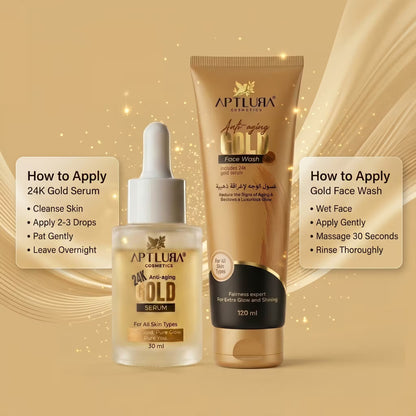 Aptlura Cosmetics 24K Gold Serum and Face Wash on a beige background with application instructions.