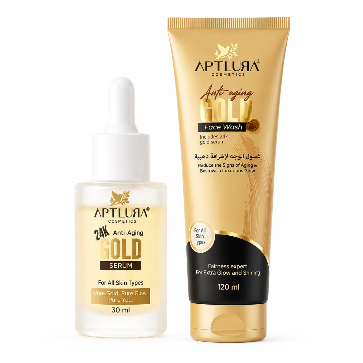 Aptlura Cosmetics 24K Gold Face Wash and Serum on a white background