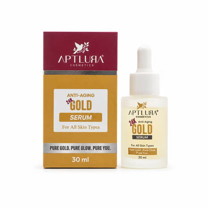 Aptlura Cosmetics Anti-Aging 24k Gold Serum shown with its retail box and dropper bottle on a clean white background.