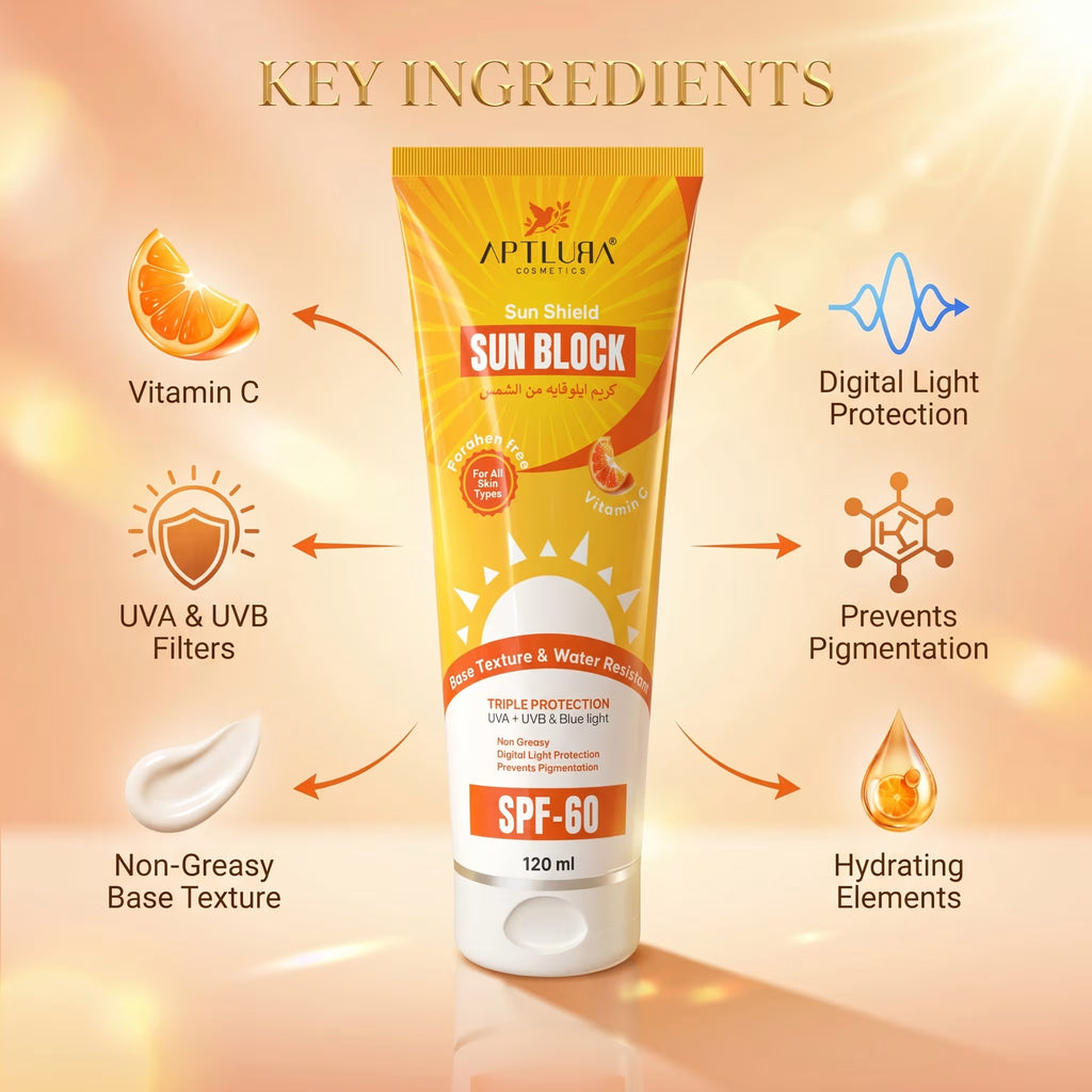 Sun block cream tube with key ingredients highlighted on a warm background