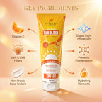 Sun block cream tube with key ingredients highlighted on a warm background