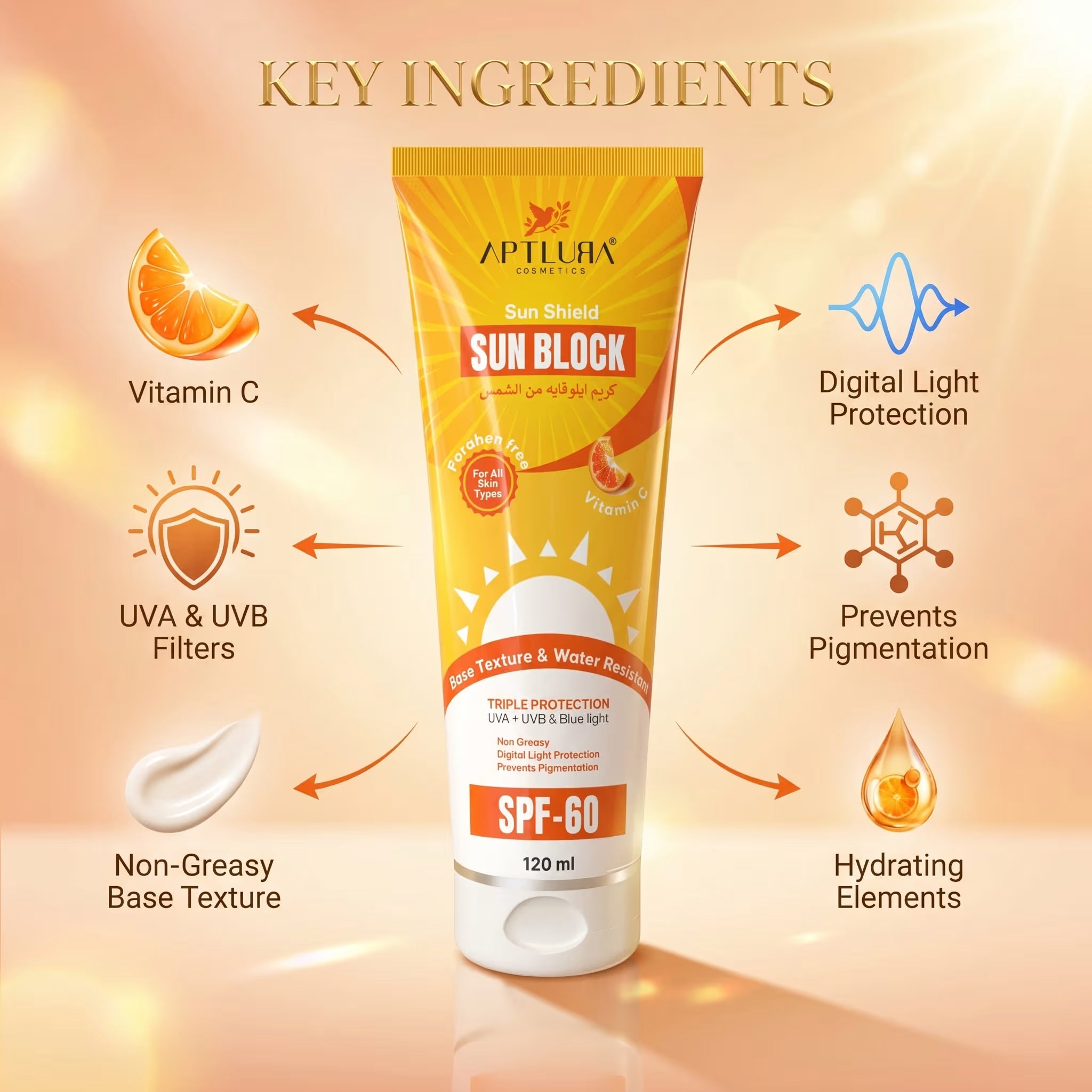 Sun block cream tube with key ingredients highlighted on a warm background