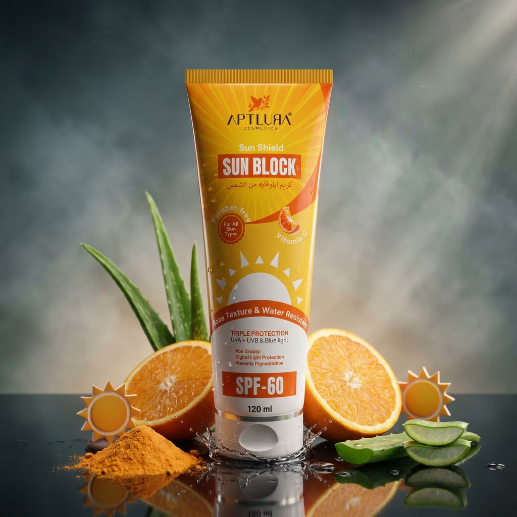 Sun block cream tube with oranges and aloe vera on a reflective surface