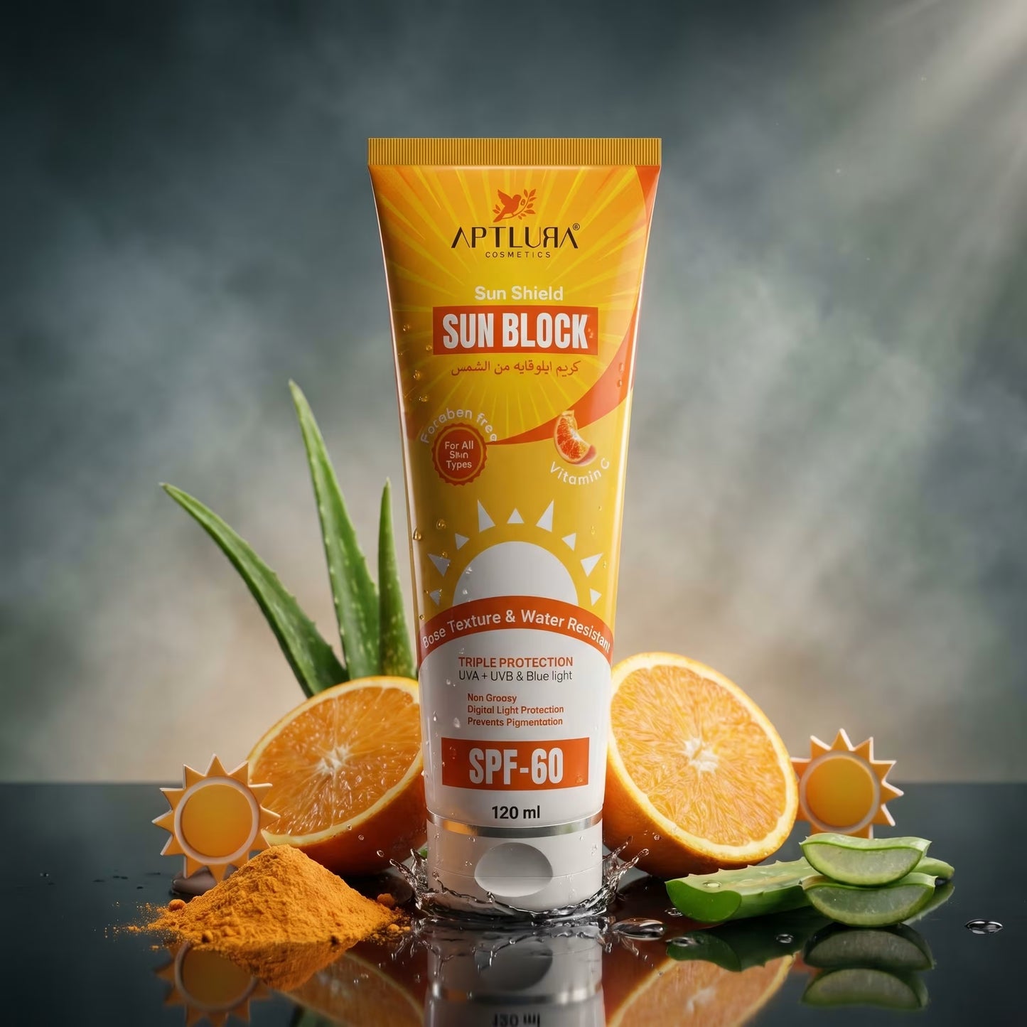 Sun block cream tube with oranges and aloe vera on a reflective surface