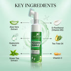 Foaming bubble cleanser with key ingredients labeled on a green background