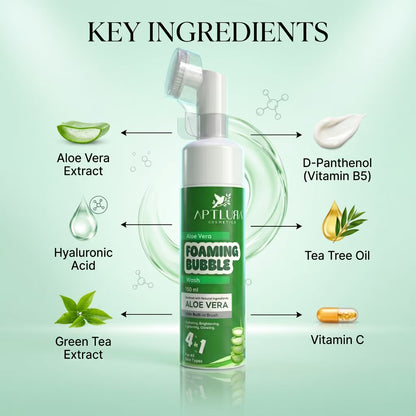 Foaming bubble cleanser with key ingredients labeled on a green background