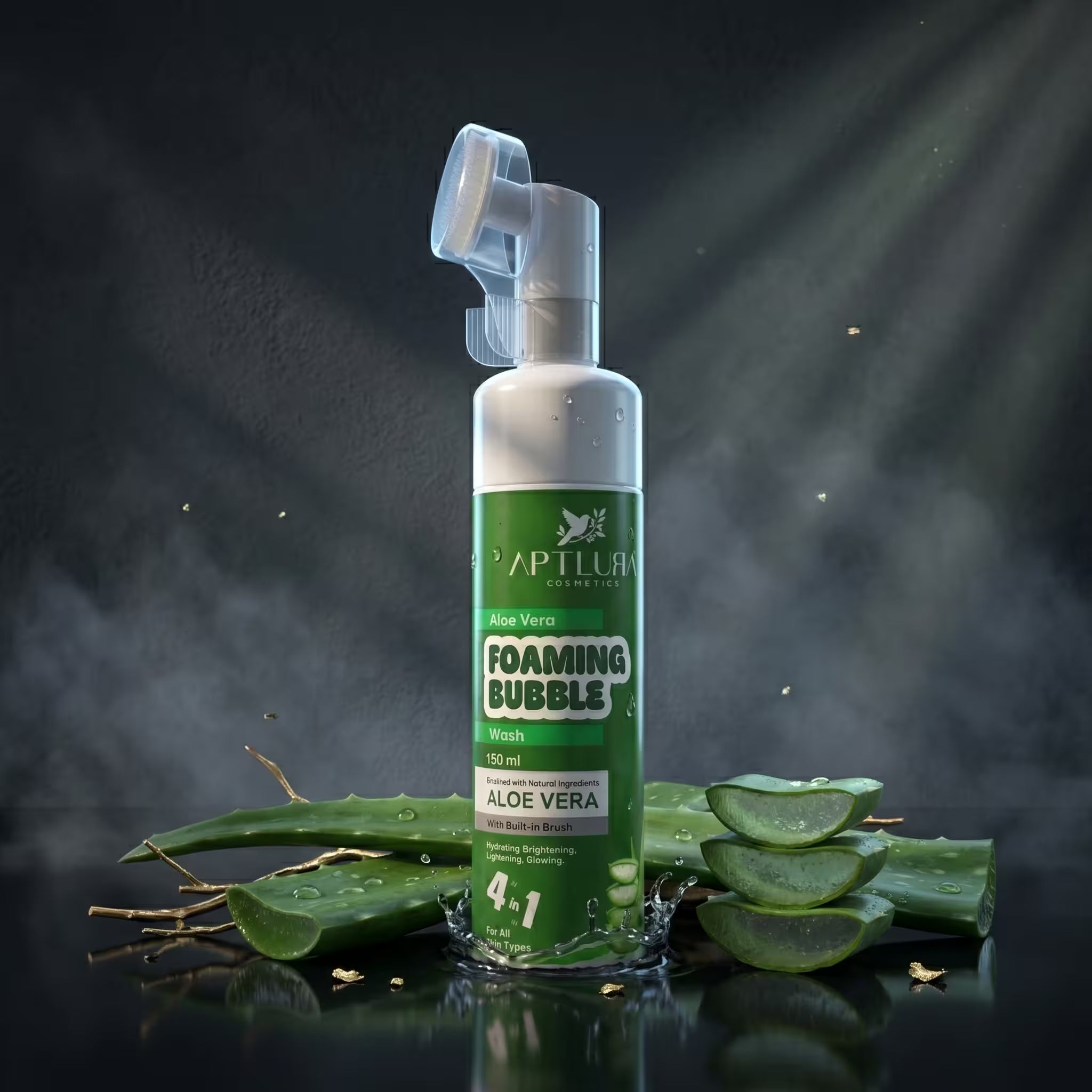 Foaming bubble product with aloe vera leaves on a dark background