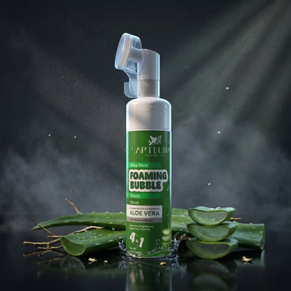 Foaming bubble product with aloe vera leaves on a dark background