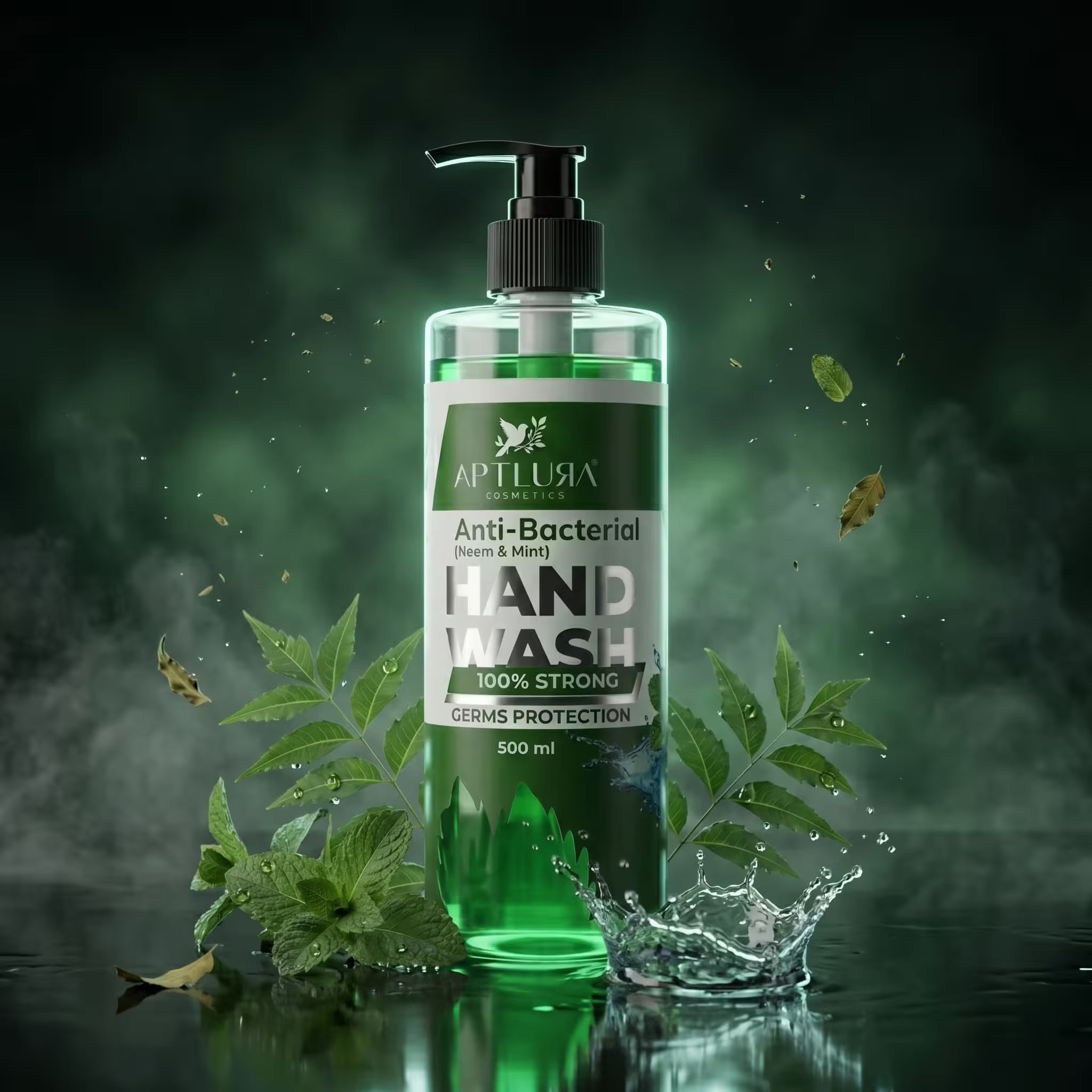 Green hand wash bottle with leaves on a dark green background