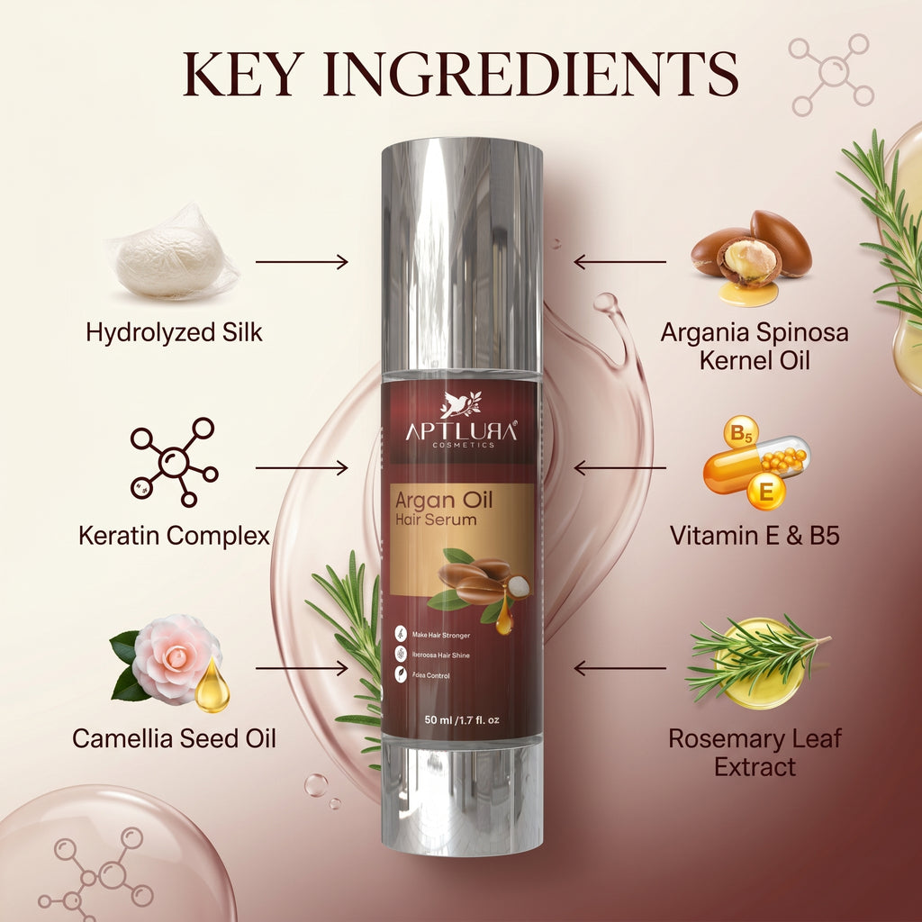 Aptulria Argan Oil Hair Serum with key ingredients displayed on a beige background
