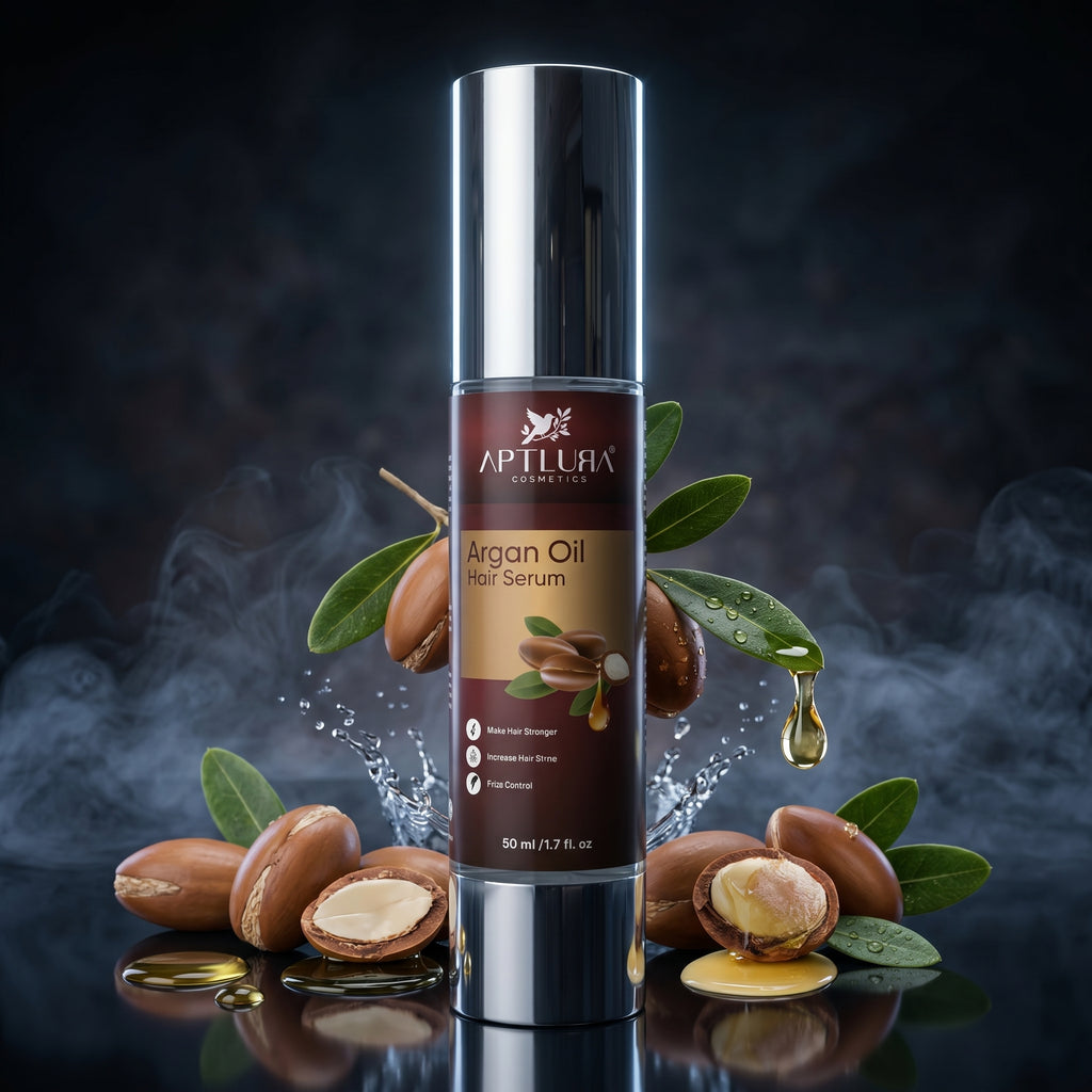 Argan oil hair serum bottle with argan seeds and leaves on a dark background