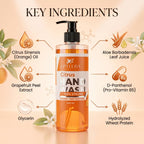 Hand wash bottle with key ingredients labeled on a beige background