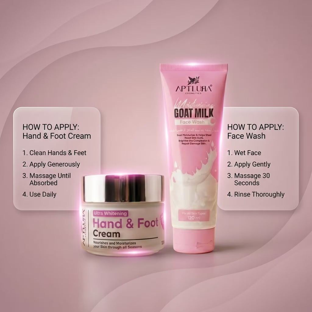 Two skincare products, a cream and a face wash, with application instructions on a pink background.