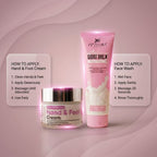Two skincare products, a cream and a face wash, with application instructions on a pink background.