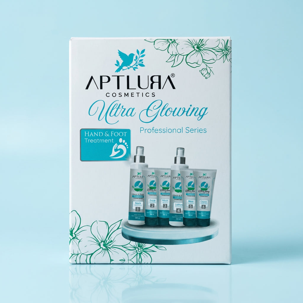 Aptura Cosmetics Ultra Glowing Hand & Foot Treatment packaging on a light blue background
