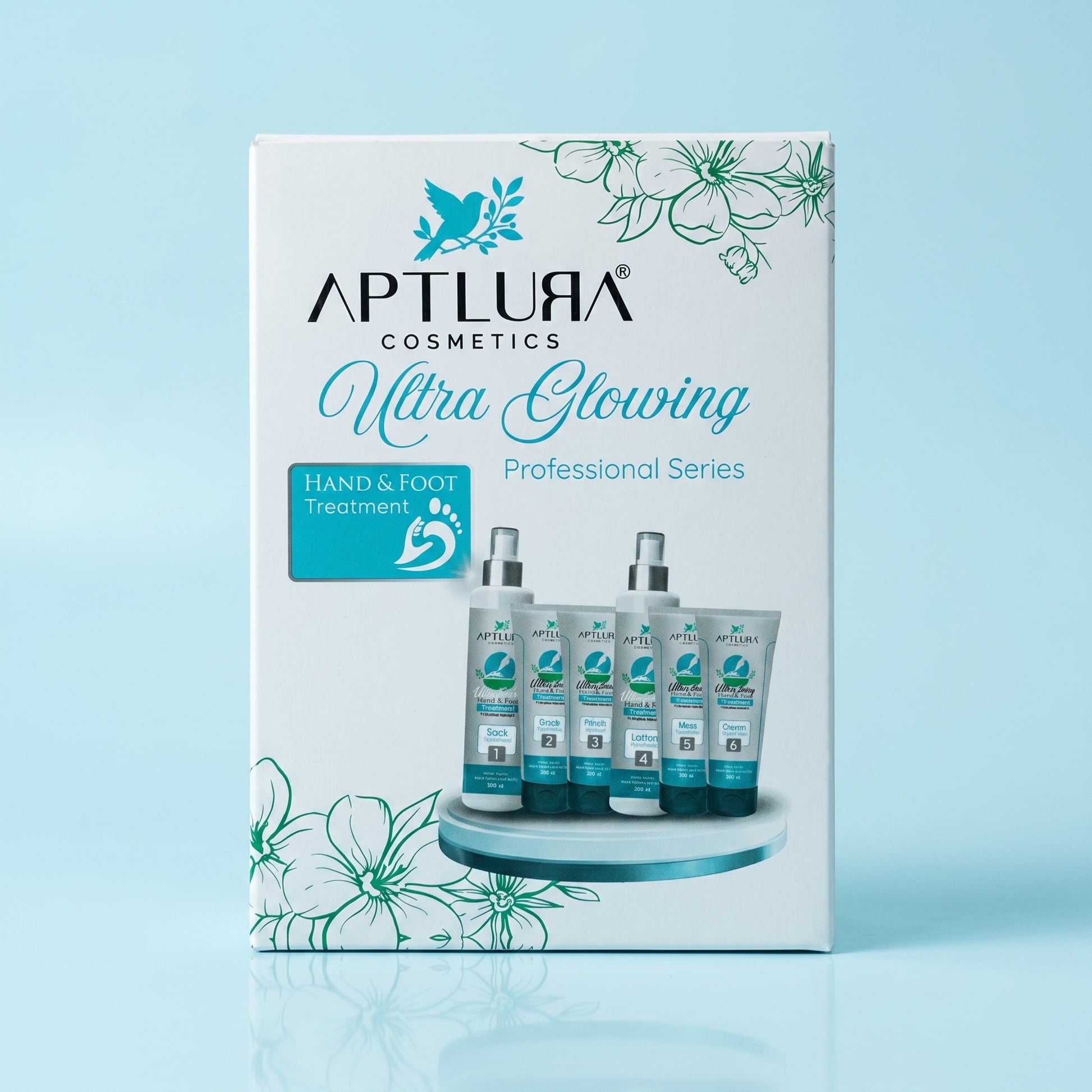 Aptura Cosmetics Ultra Glowing Hand & Foot Treatment packaging on a light blue background