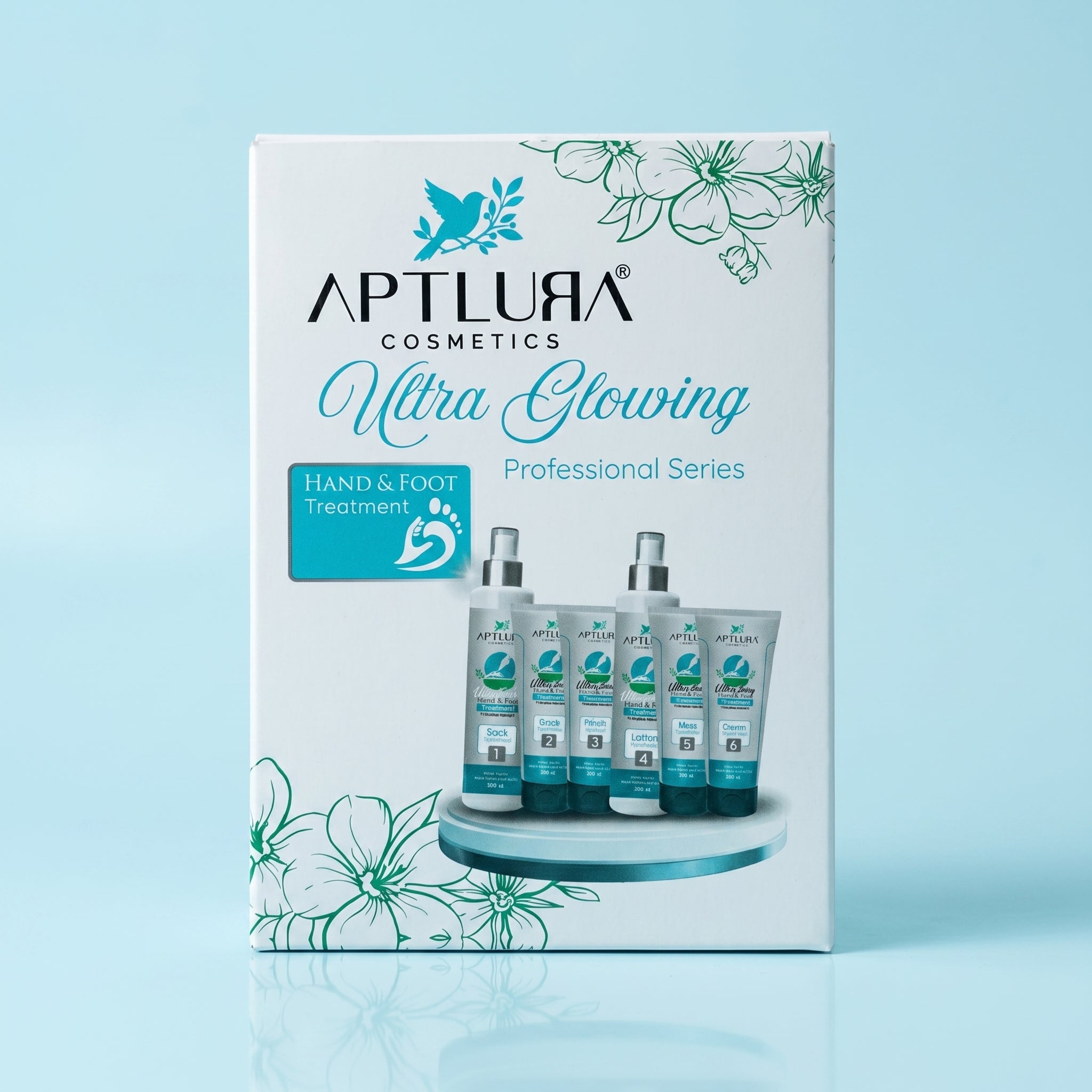 Aptura Cosmetics Ultra Glowing Hand & Foot Treatment packaging on a light blue background