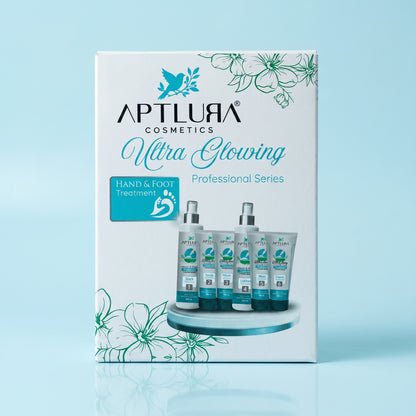 Aptura Cosmetics Ultra Glowing Hand & Foot Treatment packaging on a light blue background