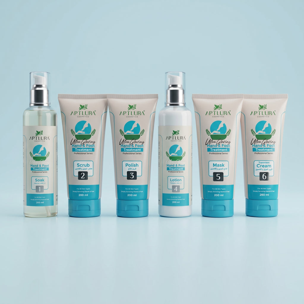 Set of Aptlura hand and foot care products on a light blue background