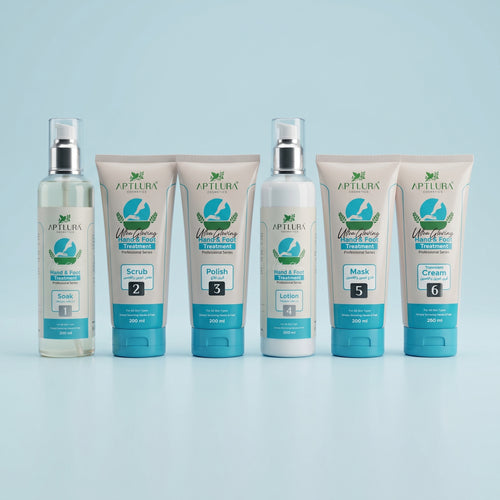 Set of Aptlura hand and foot care products on a light blue background