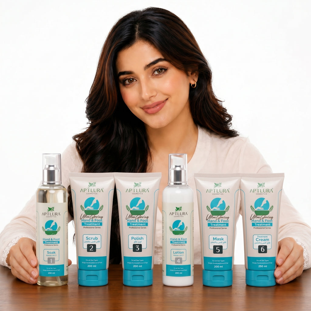 Woman holding a set of Aptlura skincare products on a white background