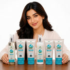 Woman holding a set of Aptlura skincare products on a white background
