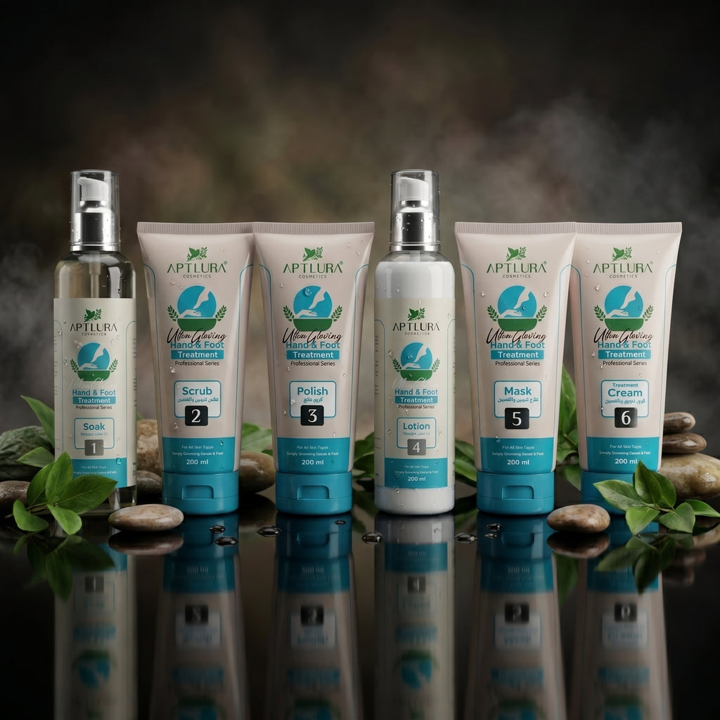 Aptlura skincare product set with bottles and tubes on a reflective surface with a blurred natural background.