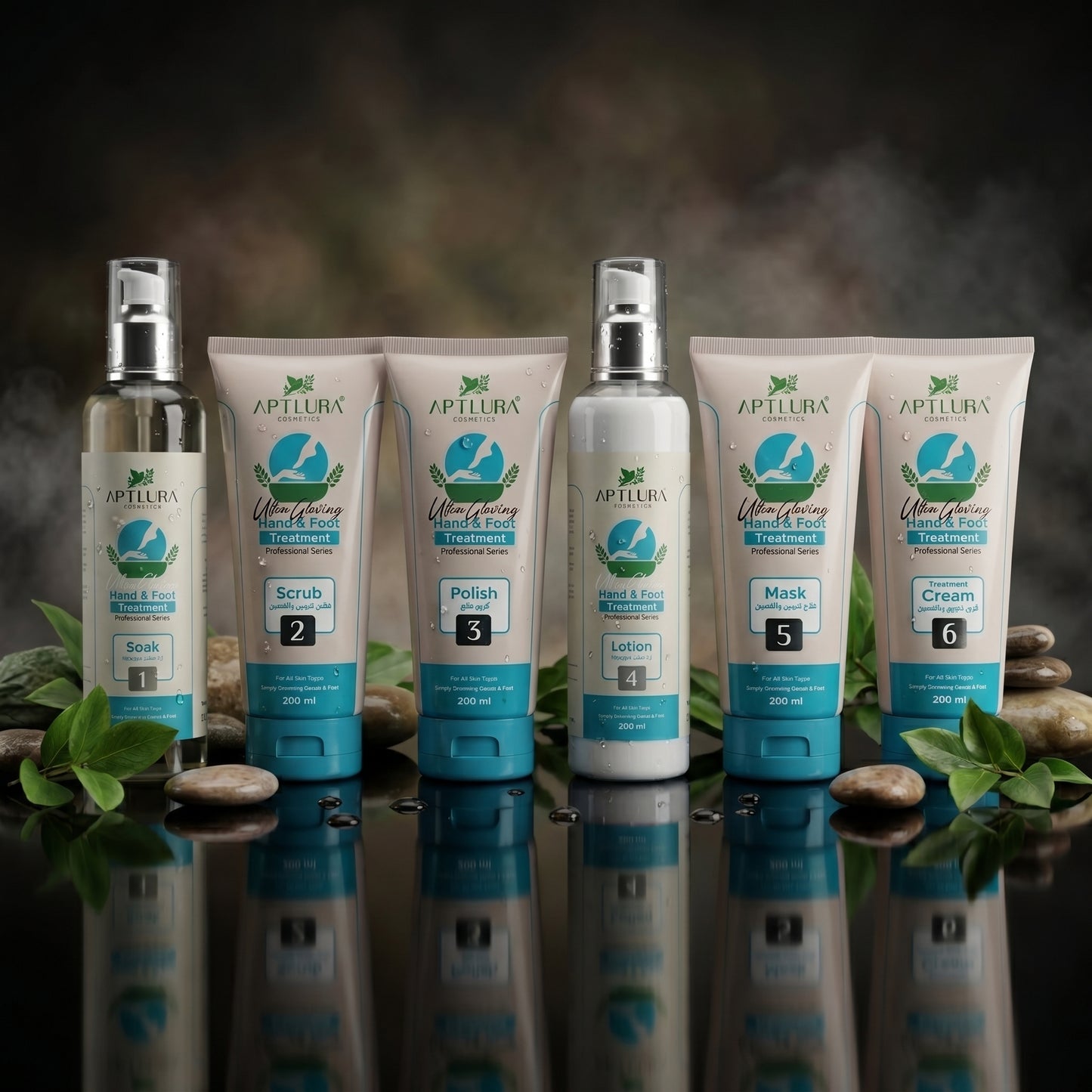 Aptlura skincare product set with bottles and tubes on a reflective surface with a blurred natural background.