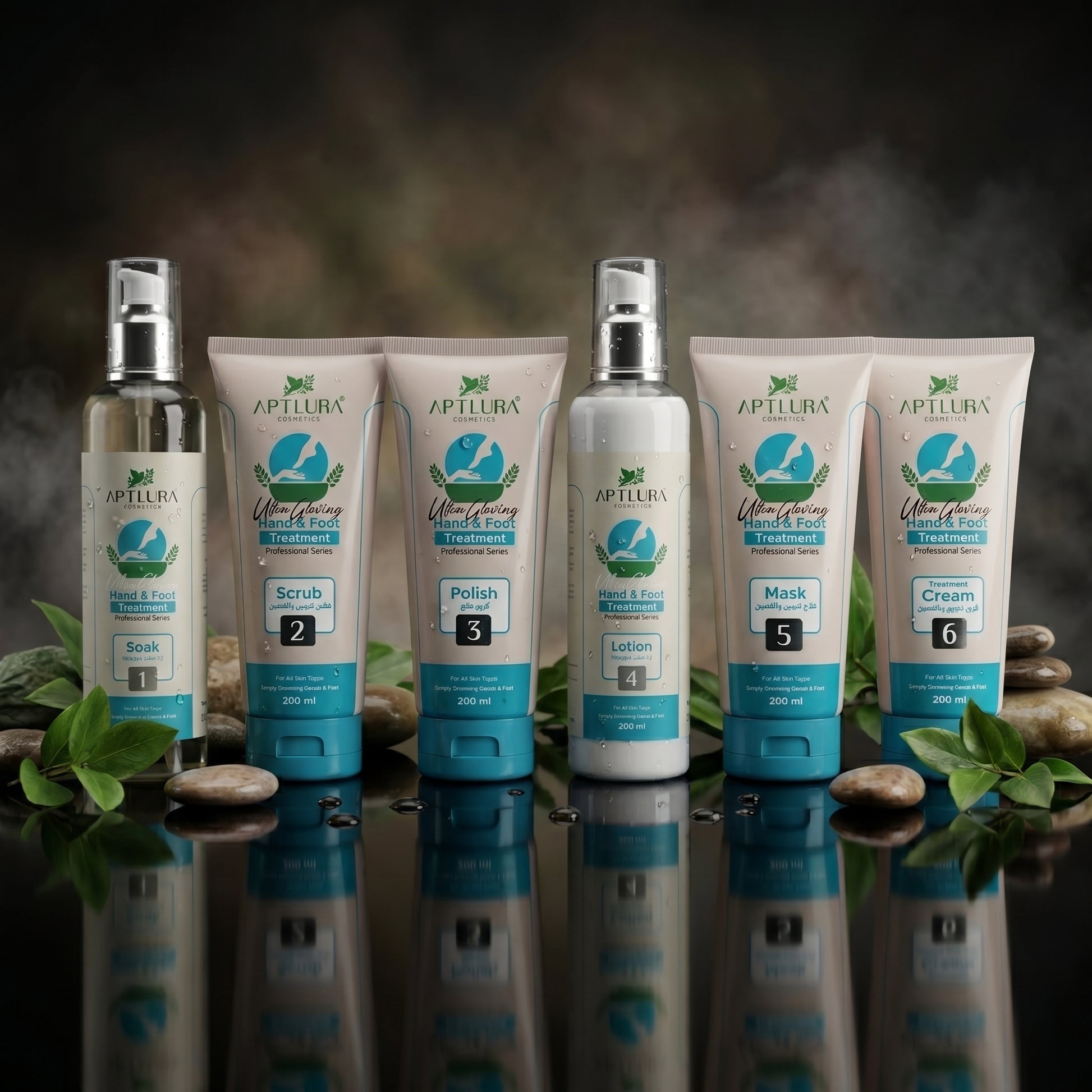 Aptlura skincare product set with bottles and tubes on a reflective surface with a blurred natural background.