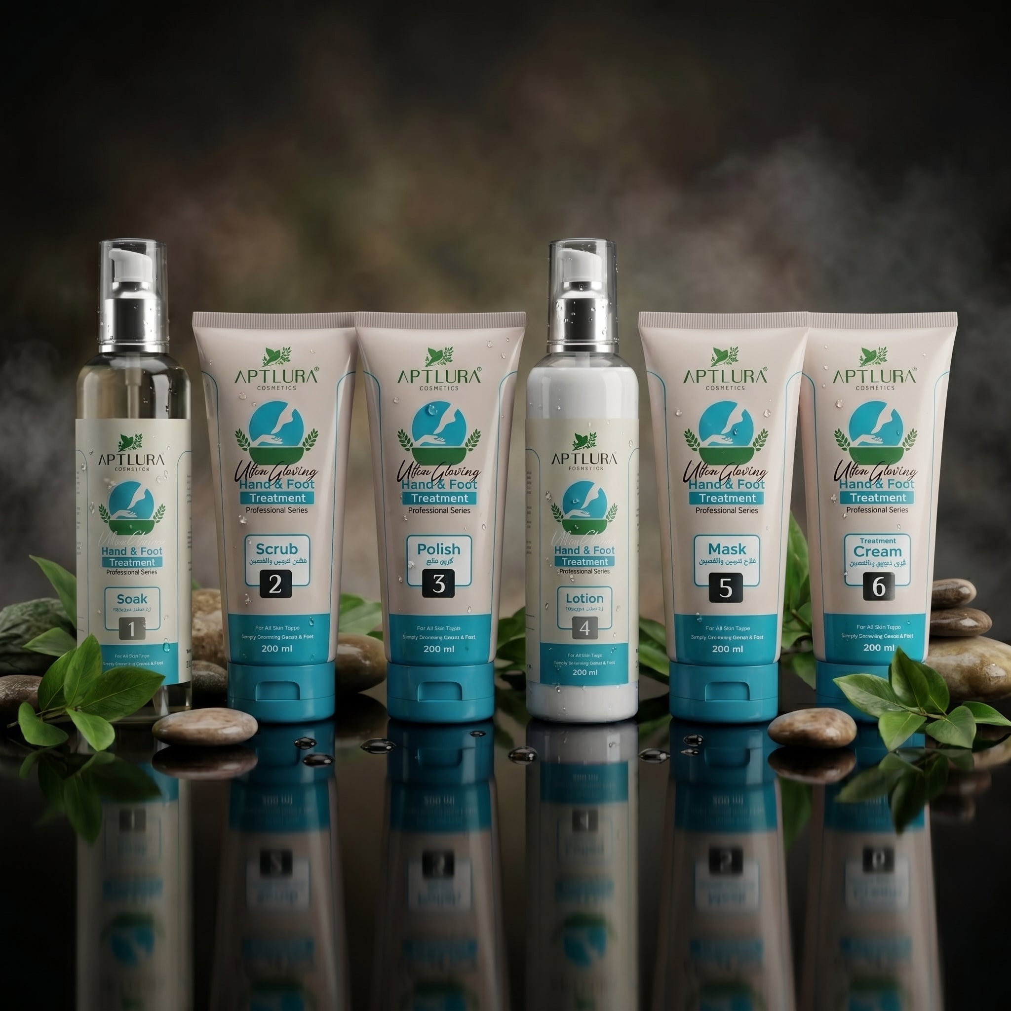 Aptlura skincare product set with bottles and tubes on a reflective surface with a blurred natural background.