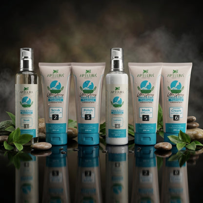 Aptlura skincare product set with bottles and tubes on a reflective surface with a blurred natural background.