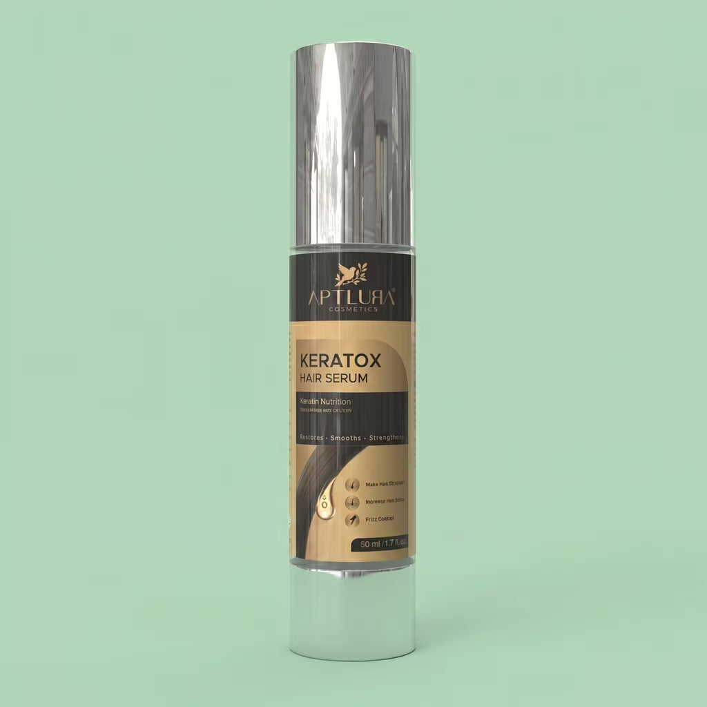 Keratox hair serum bottle with a green background