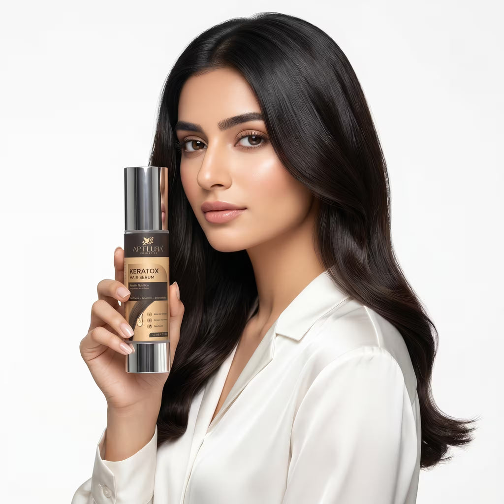 Woman holding a hair care product with a plain background
