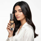 Woman holding a hair care product with a plain background
