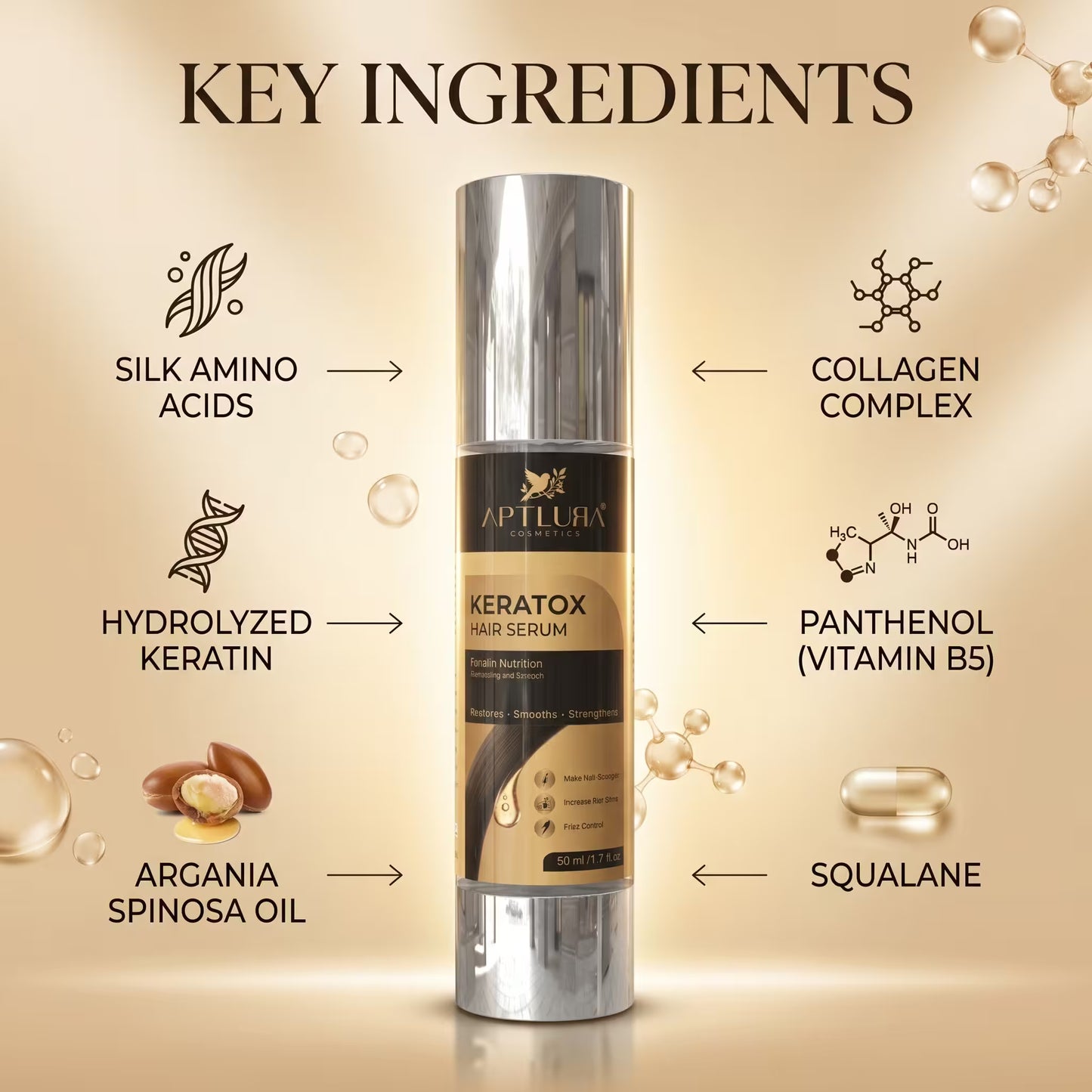 Keratox hair serum bottle with key ingredients listed on a beige background