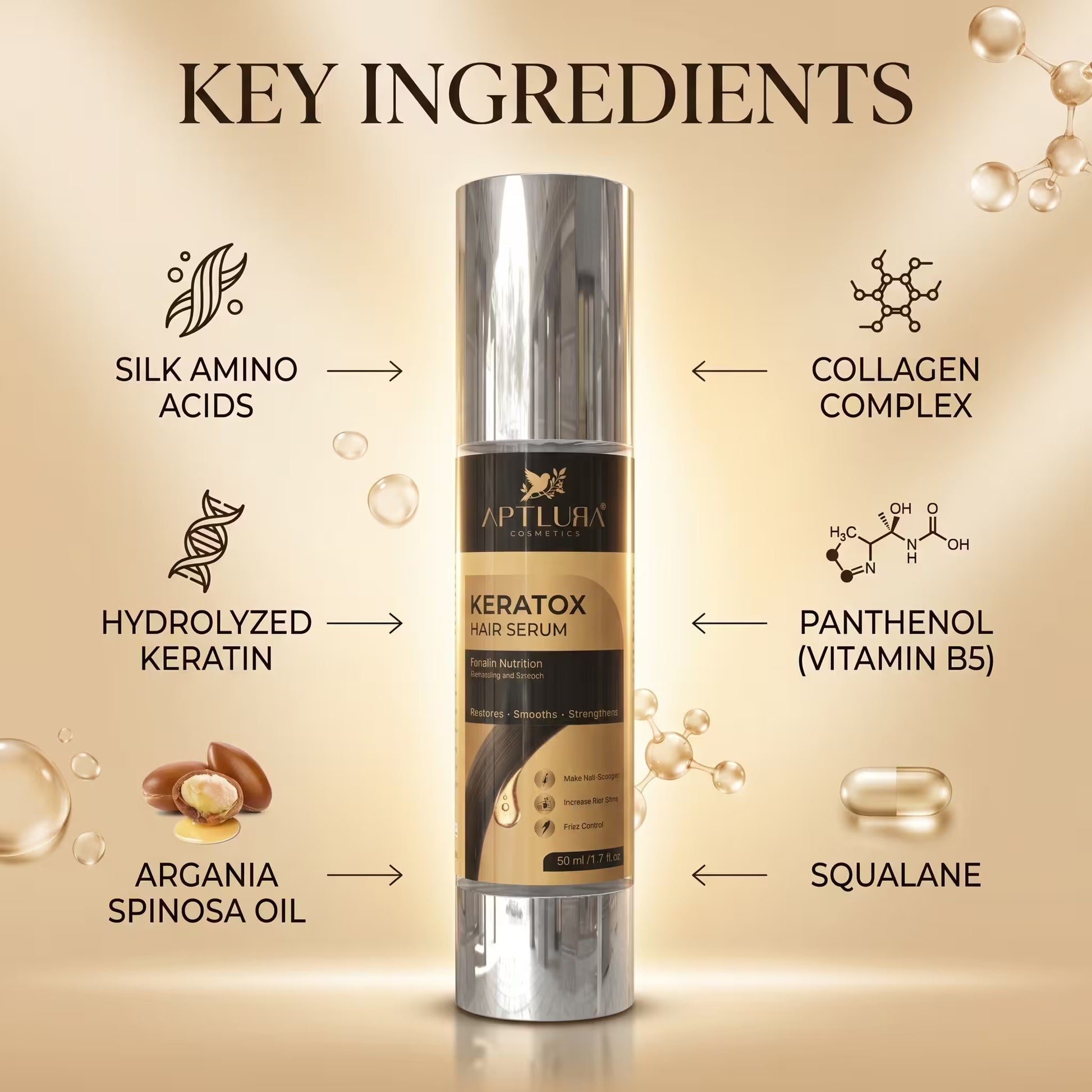 Keratox hair serum bottle with key ingredients listed on a beige background