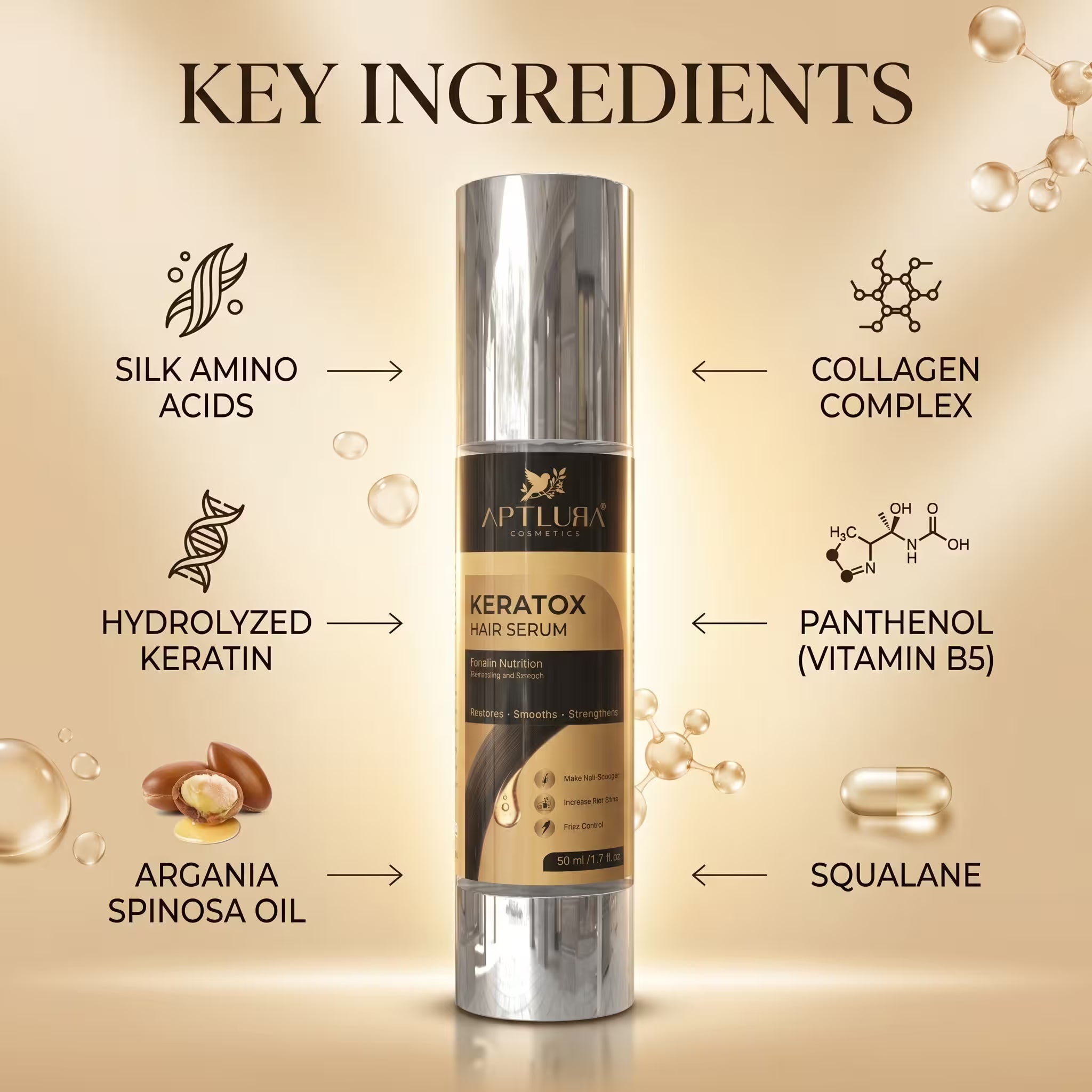 Keratox hair serum bottle with key ingredients listed on a beige background