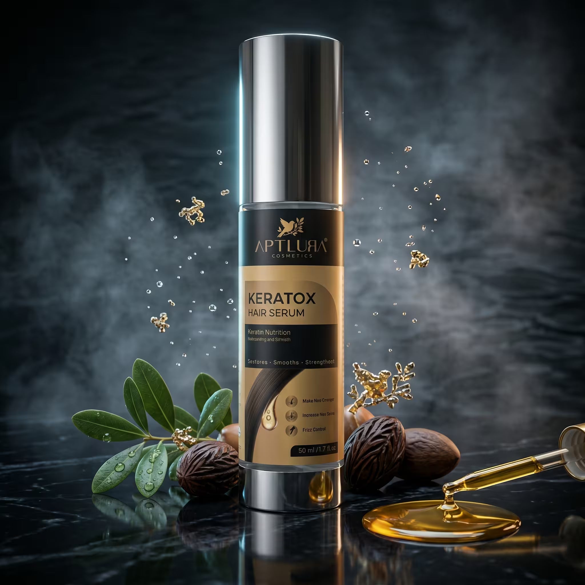 Aptera Keratox hair serum bottle with botanical elements on a dark background