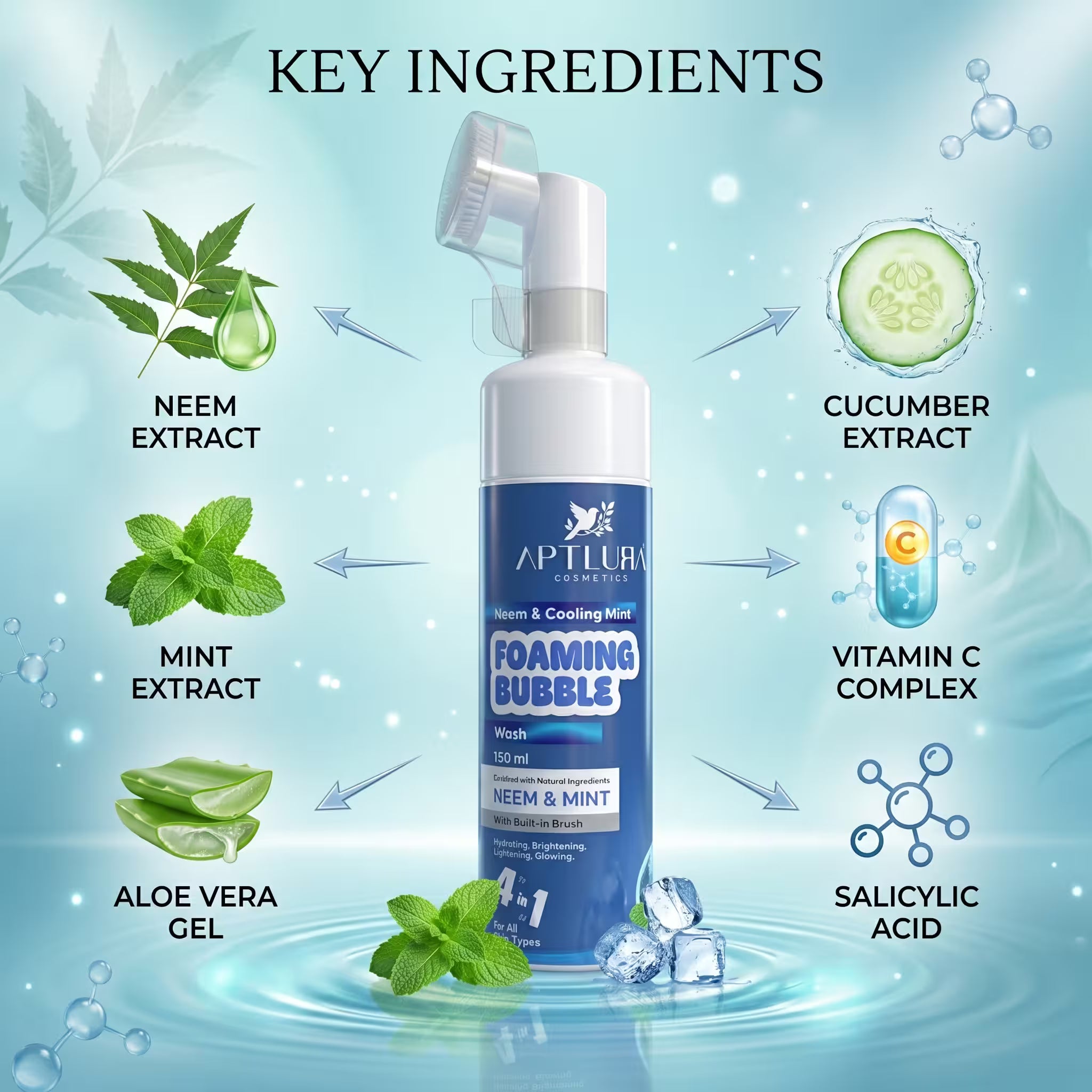 Foaming bubble wash bottle with key ingredients labeled on a blue background