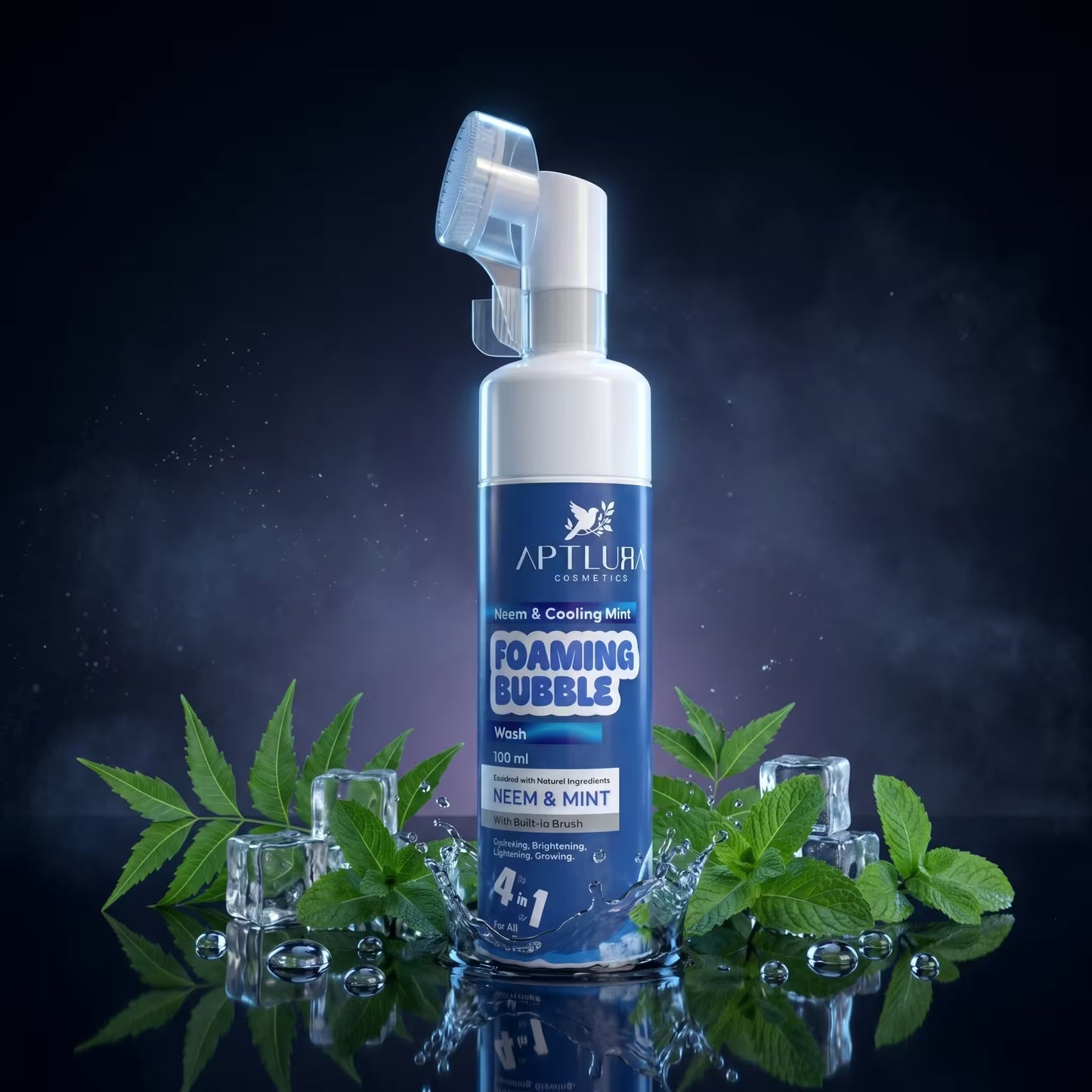 Foaming bubble wash spray bottle with neem and mint leaves on a dark background