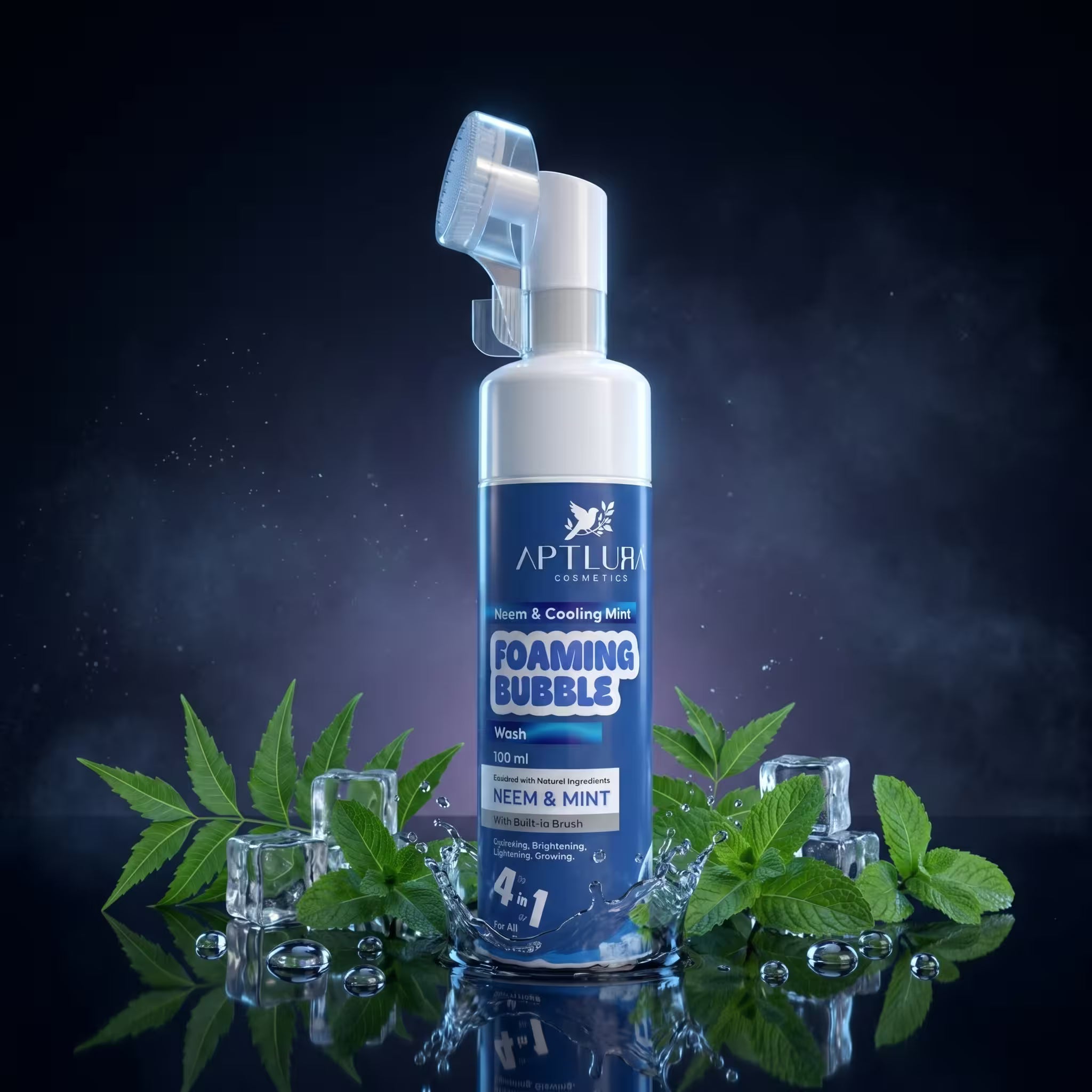 Foaming bubble wash spray bottle with neem and mint leaves on a dark background
