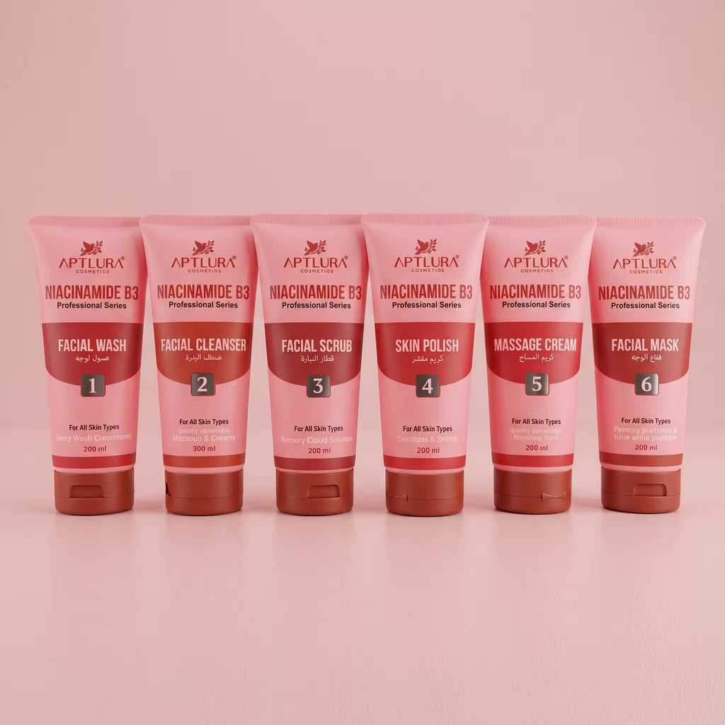 Row of Aptlura skincare products on a pink background