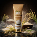 Tube of Apella Organic Rice Face Wash with rice grains and leaves on a dark background