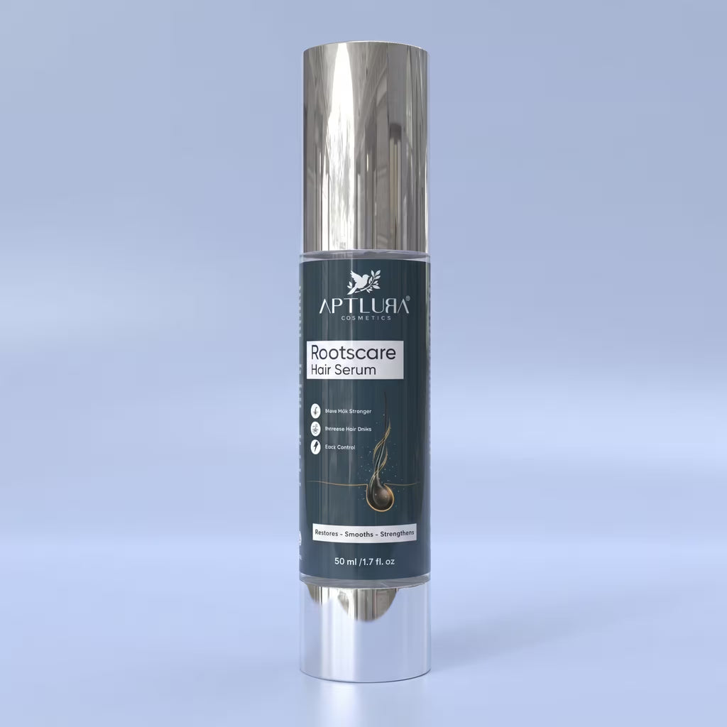 Rootscare hair serum bottle with silver cap on a light blue background