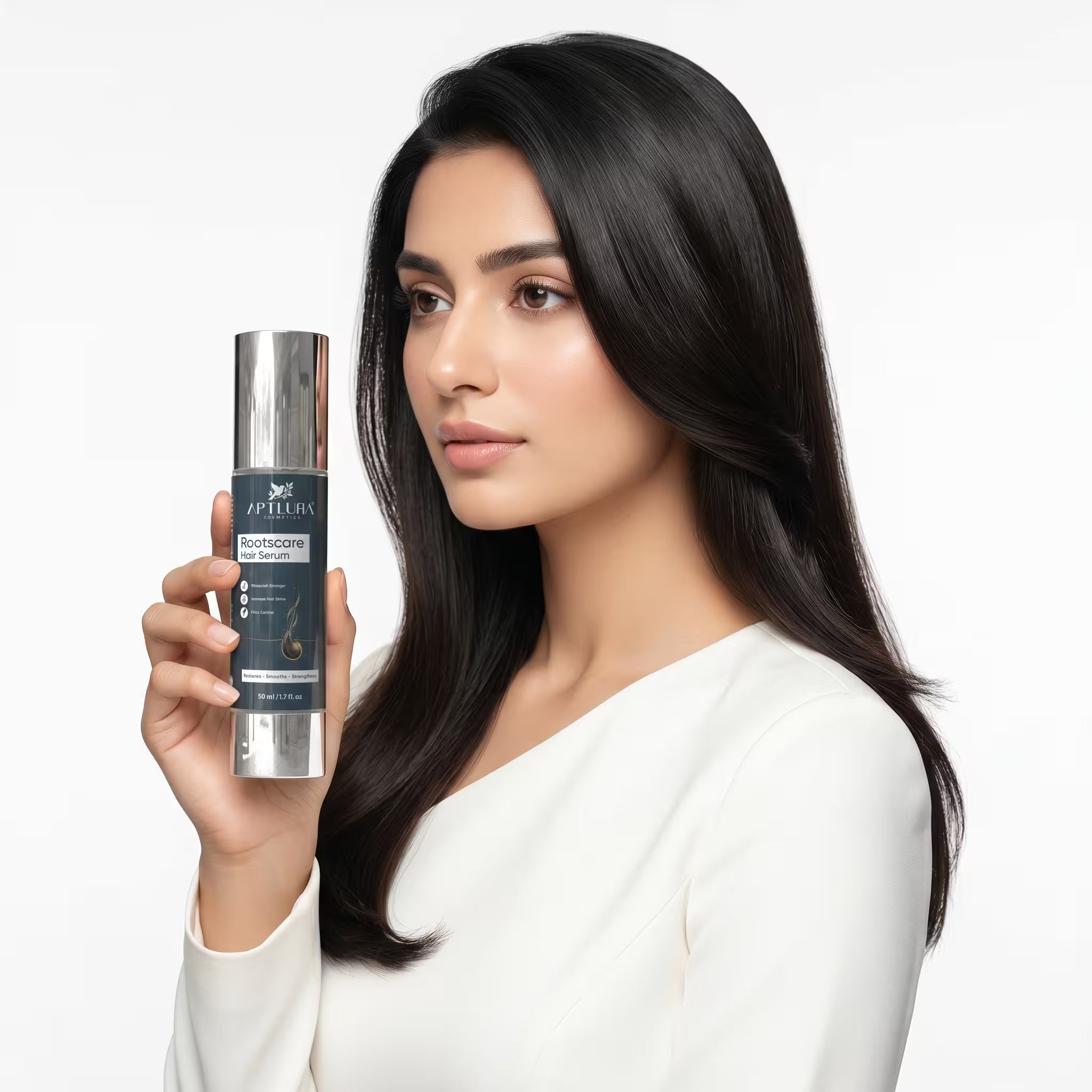 Woman holding a skincare serum bottle with a plain background