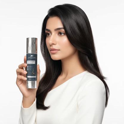 Woman holding a skincare serum bottle with a plain background