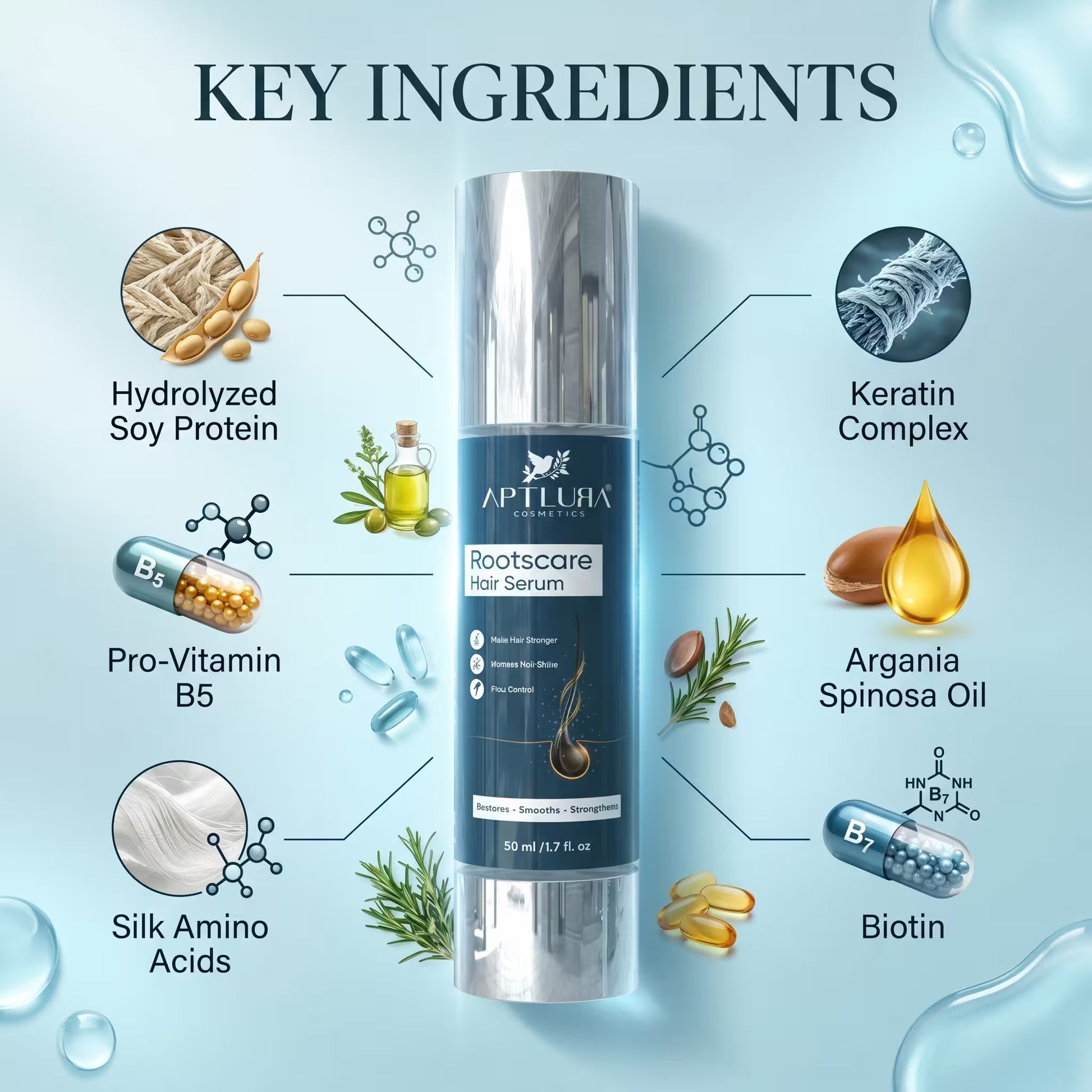 Aptlura Rootscare Hair Serum with key ingredients displayed on a light blue background